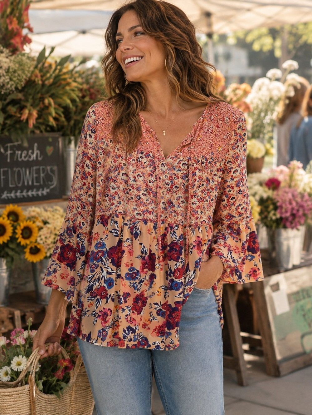 FIGLORE Peach Floral Boho Tiered Peasant Blouse